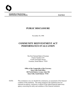 Public Disclosure Community Reinvestment Act