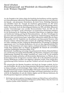 Klassenkompromiß Und Wiederkehr Des Klassenkonfliktes in Der Weimarer Republik''