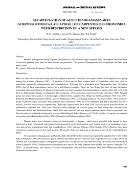 Recapitulation of Genus Dinogamasus Mite (Acri/Mesostimata:Laelapidae ) on Carpenter Bee from India, with Description of a New Species