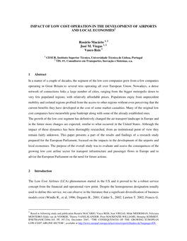 Impact of Low Cost Operation in the Development of Airports and Local Economies 1