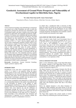 Geoelectric Assessment of Ground Water Prospects and Vulnerability of Overburdened Aquifer in Oleh Delta State, Nigeria