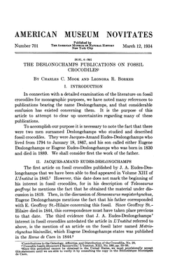 AMERICAN MUSEUM NOVITATES Published by Number 701 Thnmamerican Mu Hirtoryfjnatural March 12, 1934