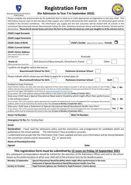 Registration Form (For Admission to Year 7 in September 2022)