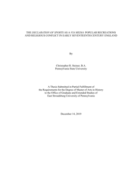 The Declaration of Sports As a Via Media: Popular Recreations and Religious Conflict in Early Seventeenth Century England