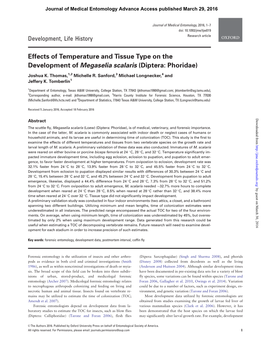 Effects of Temperature and Tissue Type on the Development of Megaselia Scalaris (Diptera: Phoridae)