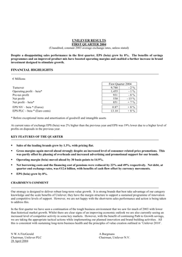 UNILEVER RESULTS FIRST QUARTER 2004 (Unaudited, Constant 2003 Average Exchange Rates, Unless Stated)