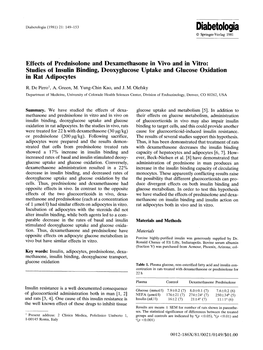 Effects of Prednisolone and Dexamethasone in Vivo and in Vitro: Studies of Insulin Binding, Deoxyglucose Uptake and Glucose Oxidation in Rat Adipocytes