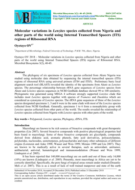 Molecular Variations in Lenzites Species Collected from Nigeria And