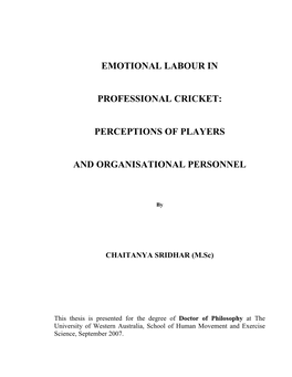 Emotional Labour in Professional Cricket ……………… 31 Purpose …………………………………………………………………