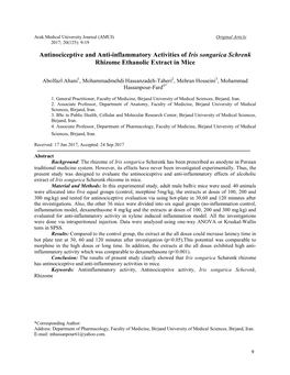 Antinociceptive and Anti-Inflammatory Activities of Iris Songarica Schrenk Rhizome Ethanolic Extract in Mice