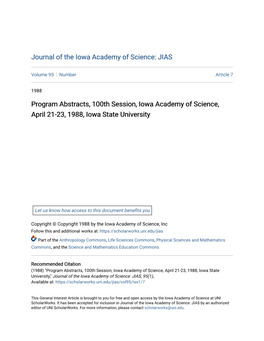 Program Abstracts, 100Th Session, Iowa Academy of Science, April 21-23, 1988, Iowa State University