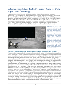 A Lunar Farside Low Radio Frequency Array for Dark Ages 21-Cm Cosmology Authors: Jack O