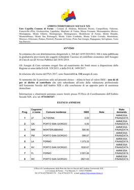 Graduatoria Provvisoria Dei Soggetti Richiedenti L’Accesso Al Contributo Economico Dell’Assegno Di Cura Di Cui All’Avviso Pubblico Del 18/01/2018