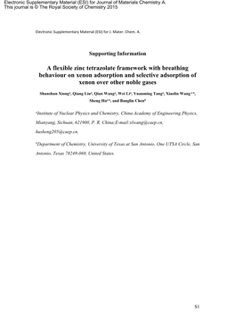 A Flexible Zinc Tetrazolate Framework with Breathing Behaviour on Xenon Adsorption and Selective Adsorption of Xenon Over Other Noble Gases