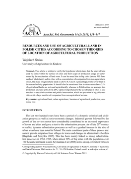 Resources and Use of Agricultural Land in Polish Cities According to Chosen Theories of Location of Agricultural Production