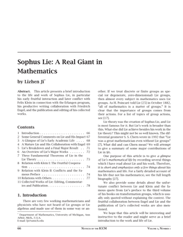 Sophus Lie: a Real Giant in Mathematics by Lizhen Ji*