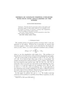 Metrics of Constant Positive Curvature with Four Conic Singularities on the Sphere