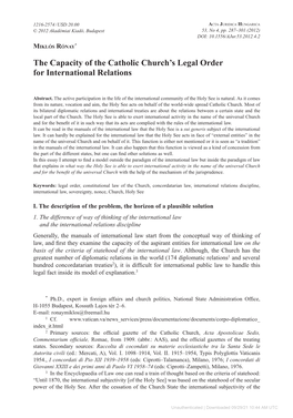 The Capacity of the Catholic Church's Legal Order for International