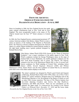 Order of Exercises from the Pilgrim Statue Dedication – June 6, 1885