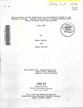 Ascertainment of Fox Eradication on Big Koniuji Island in the Shumagin Islands, Alaska, and Census of Crested Auklets with Notes on Other Fauna and Islands