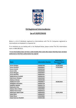 FA Registered Intermediaries (As of 19/07/2019)