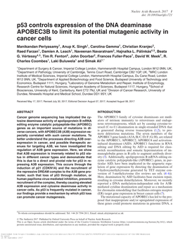 P53 Controls Expression of the DNA Deaminase APOBEC3B to Limit Its Potential Mutagenic Activity in Cancer Cells Manikandan Periyasamy1, Anup K