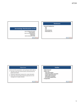 Dermatologic Manifestations of Stis Disclosures Objectives Outline