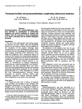 Pneumopericardium and Pneumomediastinum Complicating Endotracheal Intubation D