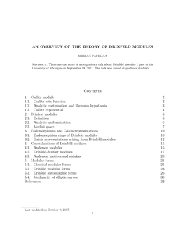 AN OVERVIEW of the THEORY of DRINFELD MODULES Contents 1