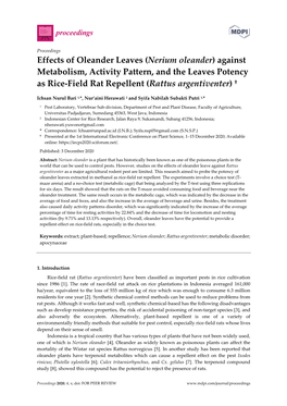 (Nerium Oleander) Against Metabolism, Activity Pattern, and the Leaves Potency As Rice-Field Rat Repellent (Rattus Argentiventer) †