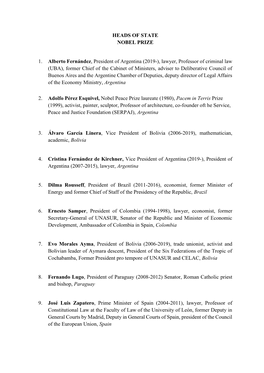 HEADS of STATE NOBEL PRIZE 1. Alberto Fernández, President Of