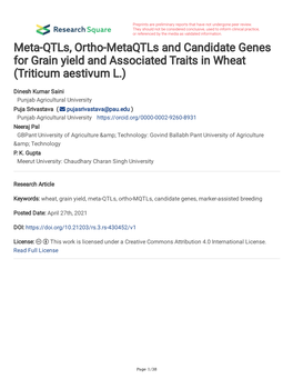 Meta-Qtls, Ortho-Metaqtls and Candidate Genes for Grain Yield and Associated Traits in Wheat (Triticum Aestivum L.)