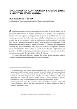 Encilhamento: Controvérsia E Efeitos Sobre a Indústria Têxtil Mineira