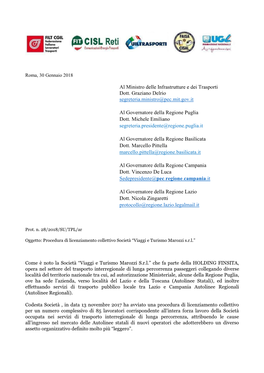 Al Ministro Delle Infrastrutture E Dei Trasporti Dott. Graziano Delrio Segreteria.Ministro@Pec.Mit.Gov.It Al Governatore Della R