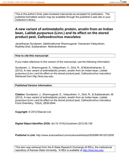 A New Variant of Antimetabolic Protein, Arcelin from an Indian Bean, Lablab Purpureus (Linn.) and Its Effect on the Stored Product Pest, Callosobruchus Maculatus