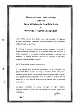 Memorandum of Understanding Between Jamia Millia Islamia, New Delhi, India University of Rajshahi, Bangladesh