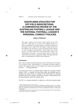Disciplining Athletes for Off-Field Indiscretions: a Comparative Review of the Australian Football League and the National Football League’S Personal Conduct Policies