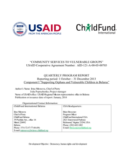 “COMMUNITY SERVICES to VULNERABLE GROUPS” USAID Cooperative Agreement Number: AID-121-A-00-05-00703 QUARTERLY PROGRAM REPOR