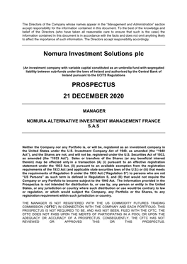 Nomura Investment Solutions Plc PROSPECTUS 21 DECEMBER 2020