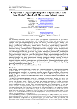 Comparison of Organoleptic Properties of Egusi and Efo Riro Soup Blends Produced with Moringa and Spinach Leaves