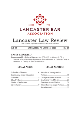 Lancaster Law Review the Official Legal Periodical of Lancaster County ______Vol