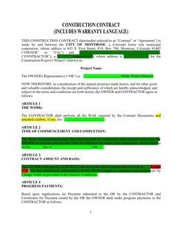 Construction Contract (Includes Warranty Language)