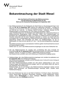 Bekanntmachung Über Das Recht Auf Einsicht in Das Wählerverzeichnis Und Die Erteilung Von Wahlscheinen