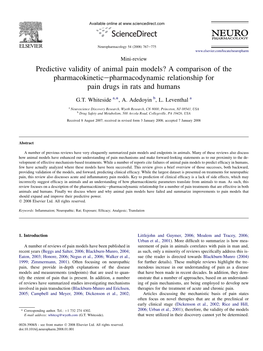 Predictive Validity of Animal Pain Models? a Comparison of the Pharmacokineticepharmacodynamic Relationship for Pain Drugs in Rats and Humans