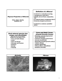 Definition of a Mineral Each Mineral Species Has Unique and Identifiable Physical Properties. Form and Habit Terms (Crystal Grow