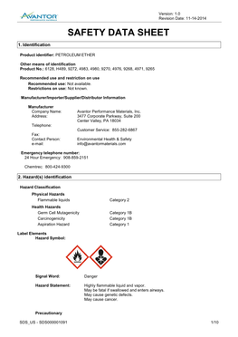 Material Safety Data Sheet (Msds/Sds) Was Prepared by Technical Personnel Based on Data That They Believe in Their Good Faith Judgment Is Accurate