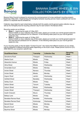 Banana Shire Wheelie Bin Collection Days by Street