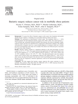 Bariatric Surgery Reduces Cancer Risk in Morbidly Obese Patients Nicolas V