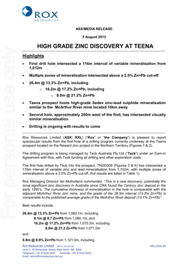 High Grade Zinc Discovery at Teena