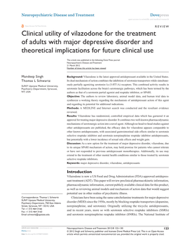 Clinical Utility of Vilazodone for the Treatment of Adults with Major Depressive Disorder and Theoretical Implications for Future Clinical Use